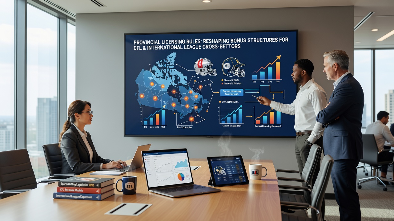 Sports bettor reviewing updated bonus terms on a laptop with CFL schedule and international league fixtures visible on screen